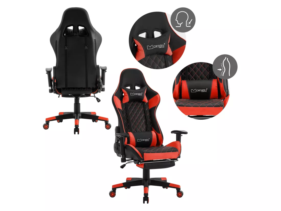 Chaise gamer avec repose-pieds extensible 2D Accoudoirs Noir/Rouge en similicuir ML-Design