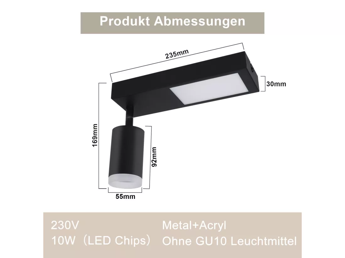 NETTLIFE Spot de plafond 1 ampoule GU10 chambre 3000k 20W lampe de cuisine noir blanc chaud orientable