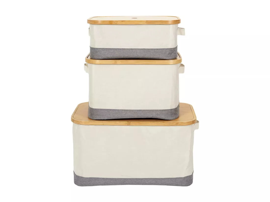 LAZEN - Lot de 3 Panières Bambou avec Couvercle Tissu Blanc et Gris