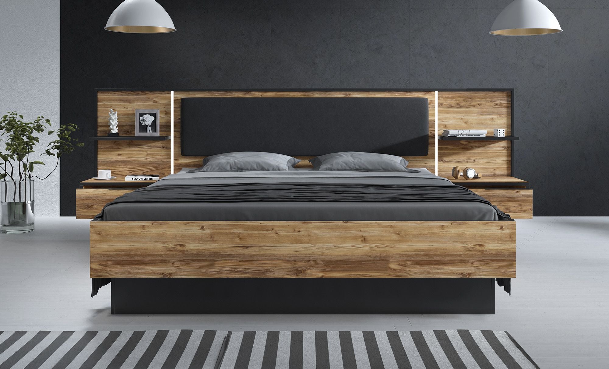 Jacob - Tweepersoonsbed met nachtkastjes - Zwart/Eiken - 180x200 cm