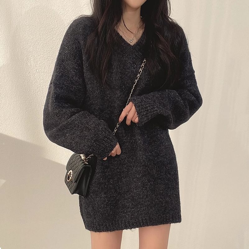 Coris - V-hals Melange Mini Trui Jurk