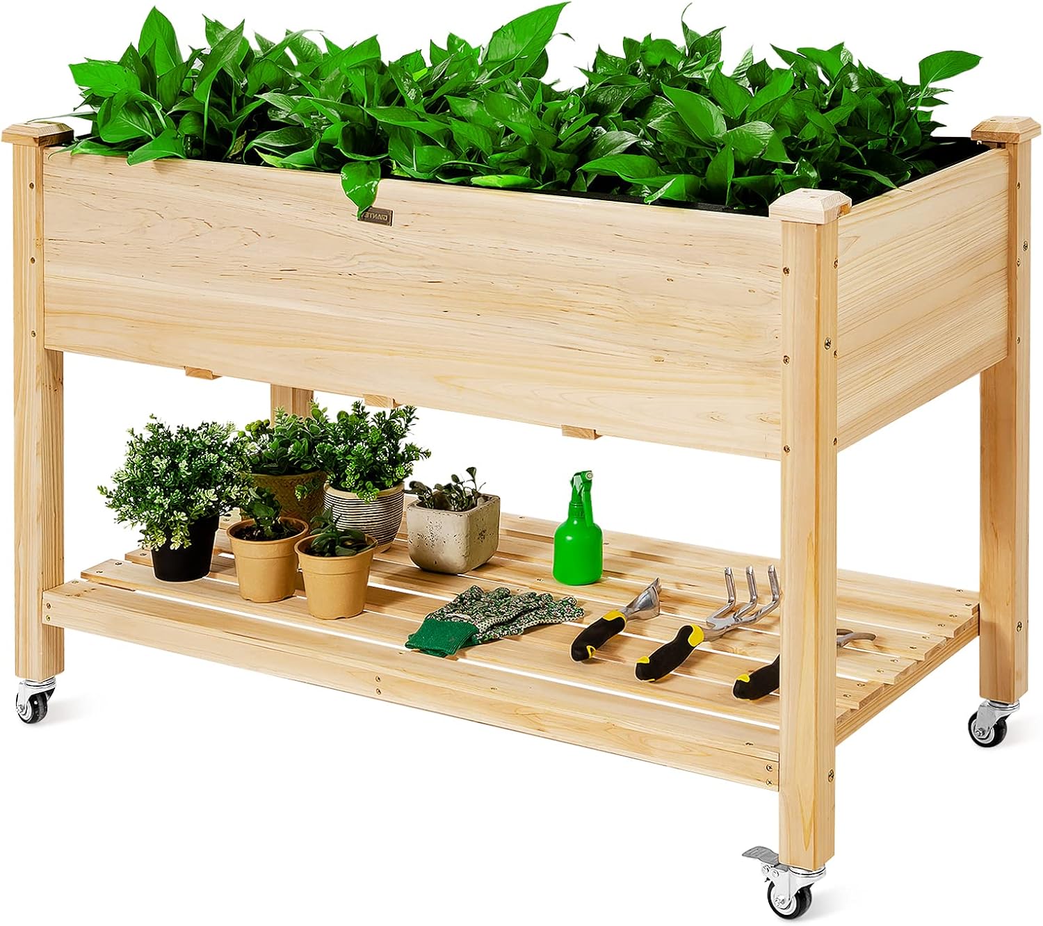 GOPLUS Hochbeet mit Rollen, Gartenbeet mit Ablage & Abflusslöcher, Pflanzbeet aus Tannenholz für Garten & Terrasse, Natur (mit Rollen, 120x59x84 cm)