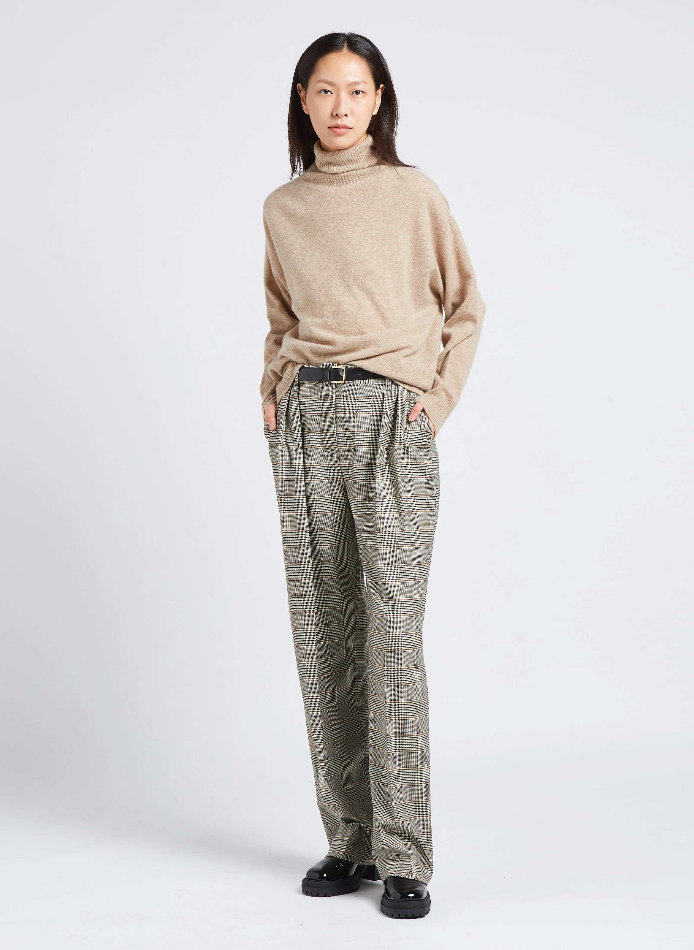 Pantalon forme palazzo à motif Prince de Galles avec ceinture | Marron
