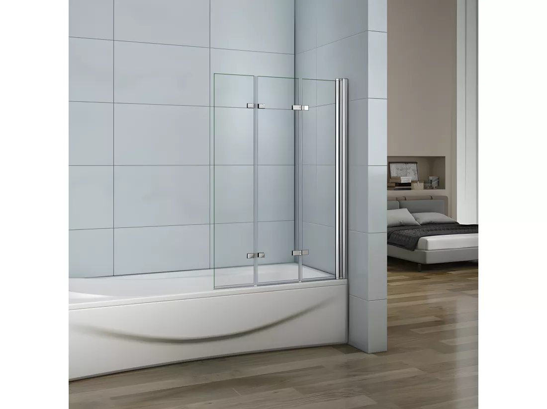 Pare-baignoire 130cm Hauteur 140cm, paroi de baignoire pivotant et pliant, 3 volets en verre anticalcaire