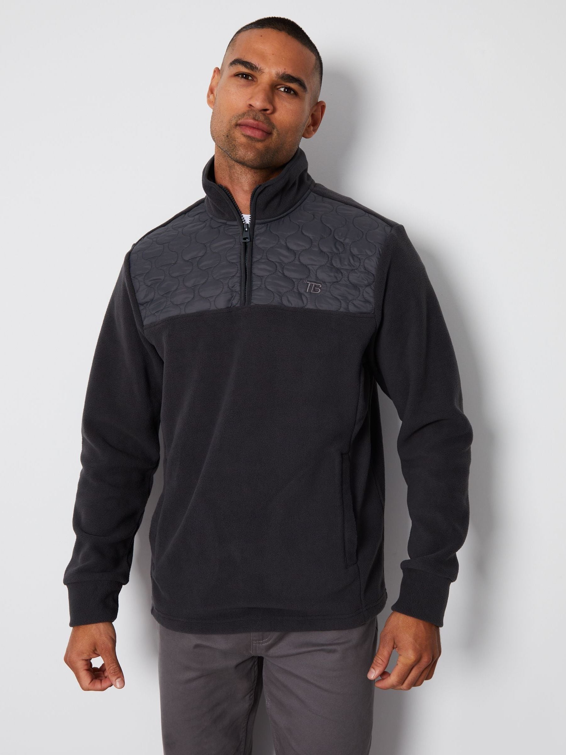 Grijs - Threadbare doorgestikt fleece sweatshirt met kwartrits