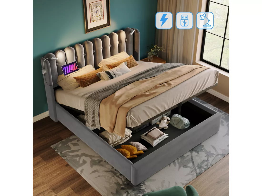 Lit coffre capitonné avec LED et Ports de charge USB - 140x200cm - tissu en velours - avec sommier à lattes - Gris