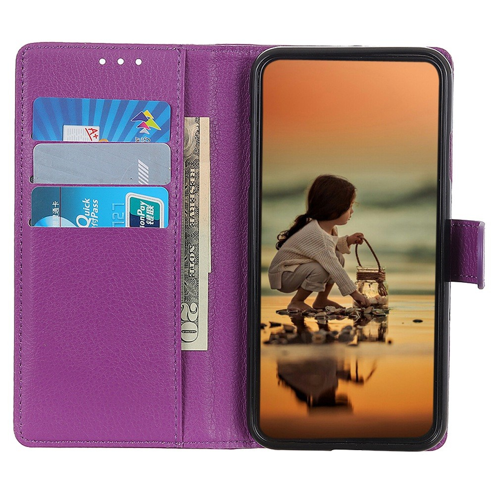 iPhone 16 Leder Tasche Flip Cover Litchi Look - Violett