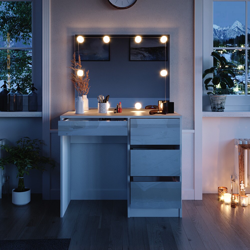 Vicco Schminktisch Frisiertisch Frisierkommode Sherry Weiß Schminkspiegel LED 90x75 cm modern Schlafzimmer Kommode Schublade Ablage Aufbewahrung Kosmetiktisch Make-Up-Tisch Hochglanz