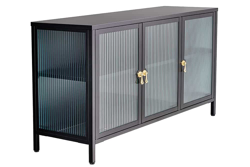 Modernes Sideboard AMSTERDAM 105cm schwarz gold Riffelglas Metall Vitrine Schrank