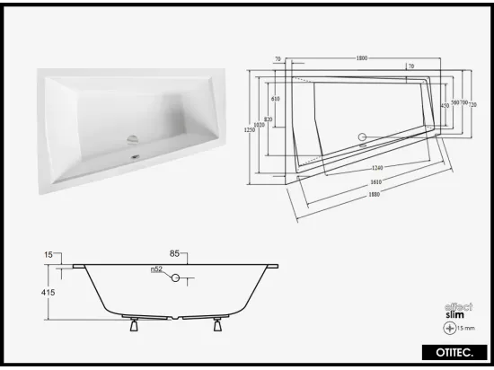 Baignoire Asymétrique à Encastrer - 180 x 125 cm - GAUCHE - INTIMA DUO SLIM - 2 REPOSE-TÊTES OFFERTS