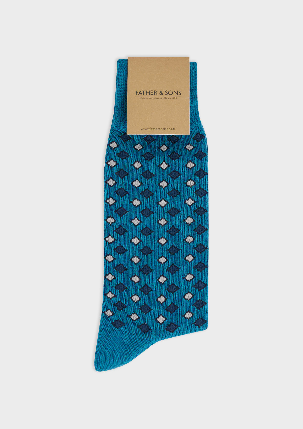 Chaussettes en coton bio mélangé bleu paon à motif fantaisie bleu marine, bleu prusse et gris