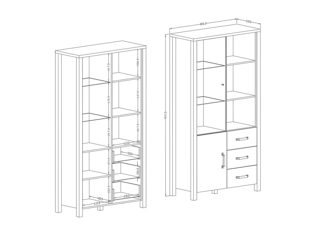 Vitrine large design collection DARWIN. Couleur chêne clair et noir. 2 portes, 3 tiroirs, 3 niches