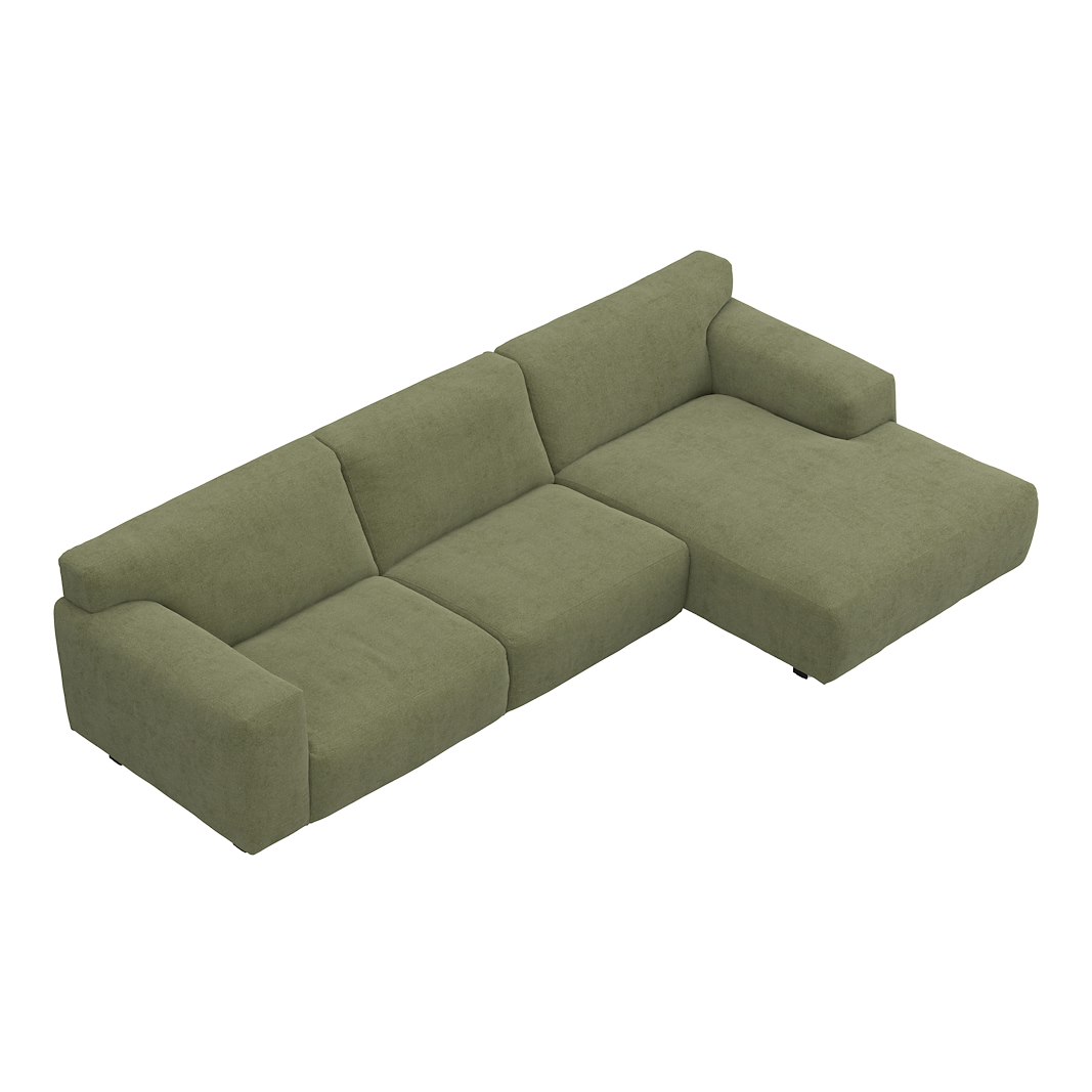 Vesta 2,5-seter med sjeselong høyre I Tekstil Velvety Green, standardsøm, sort metallben 10 cm, Comfort CM