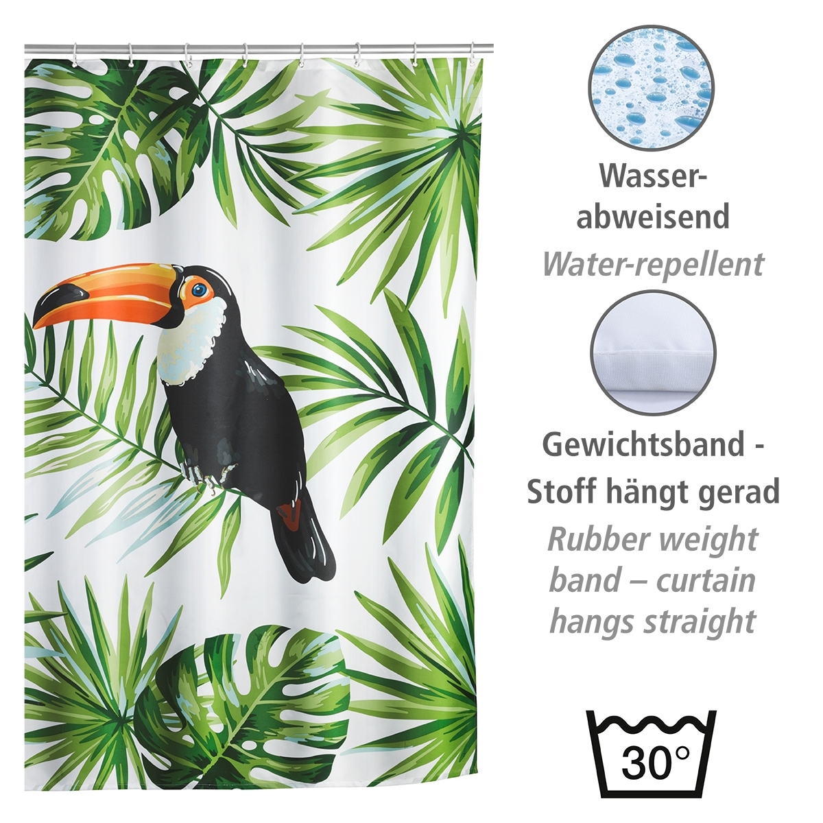 Wenko douchegordijn 180x200cm Tucan inclusief ringen