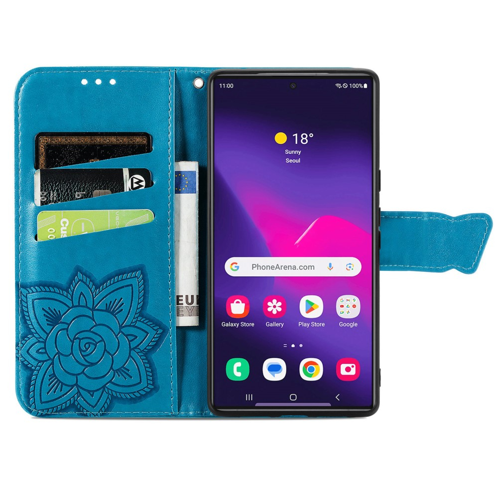 Samsung Galaxy S25 Ultra Leder Tasche Flip Cover Schmetterlinge Imprint - Blau