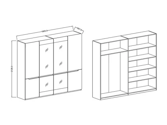 Chambre à coucher LUCIA : Armoire 4 portes + Lit 180x200 + 2 Chevets. Couleur gris et aspect chêne