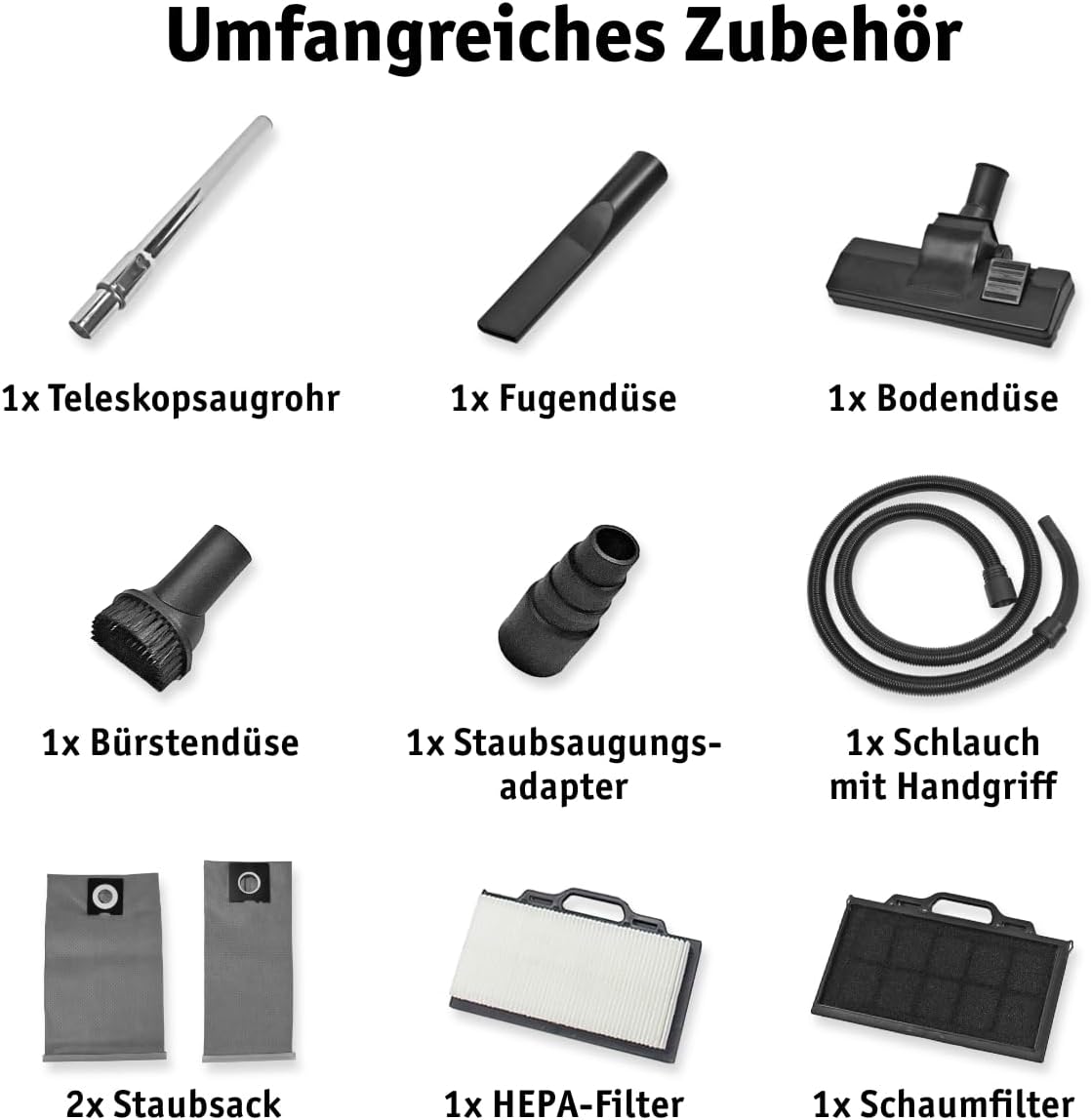 WALTER Industriestaubsauger 3-in-1 mit Wasserfilter, 1600 W, 230 V, Nass- & Trockensauger, mit Steckdose für Synchronbetrieb, Starke Saugleistung bis zu 18 KPa, inkl. umfangreichen Zubehör-Set