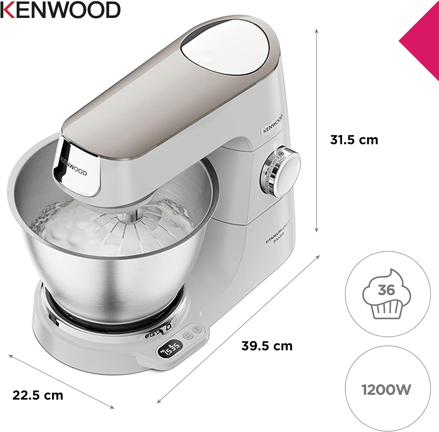 Kenwood Titanium Chef Baker XL, Robot Pâtissier avec Batteur K, Crochet Pétrisseur, Fouet et Bol de 7 Litres, KVL85.424SI, 1200W, Argent