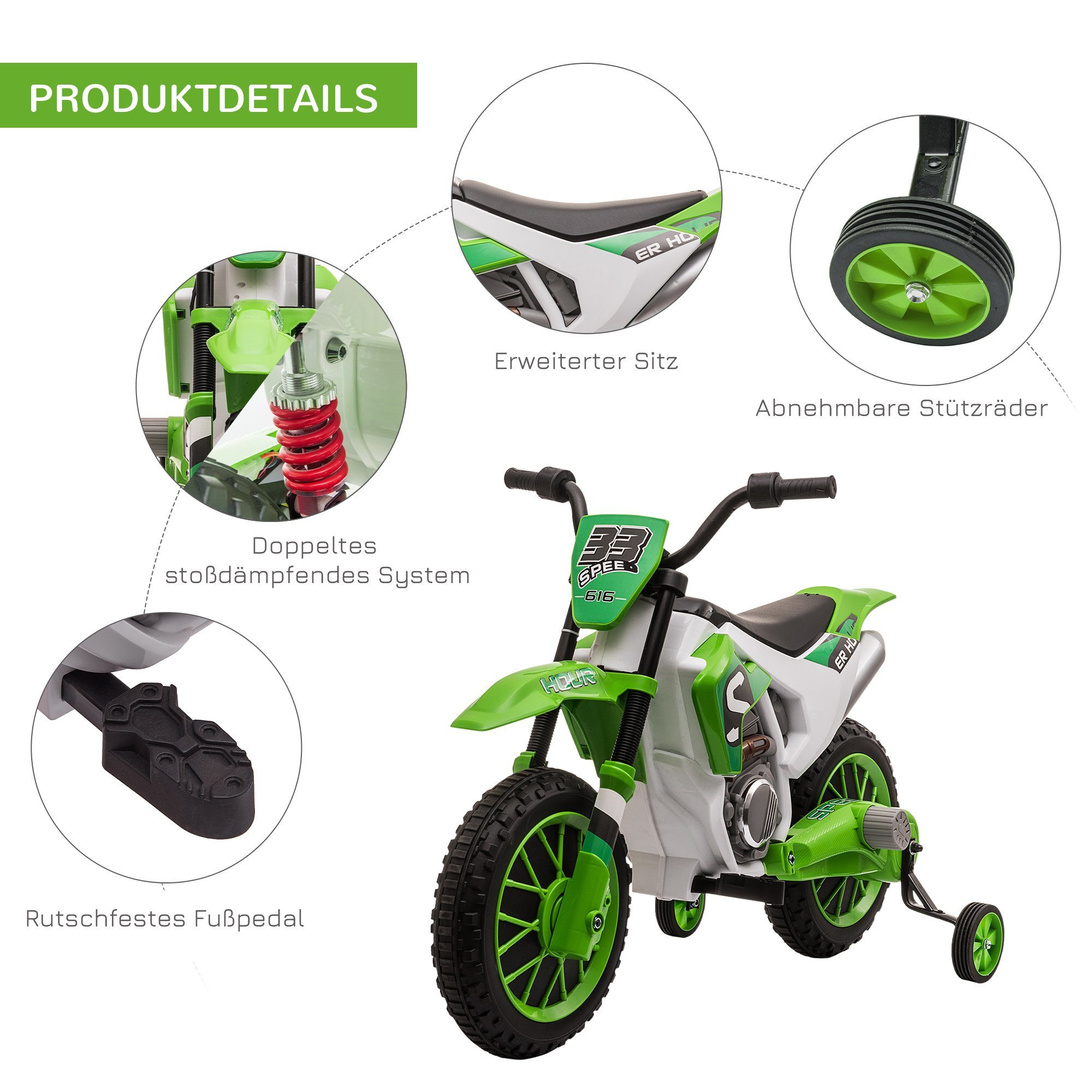 Motocicleta elétrica infantil HOMCOM com 2 rodas de apoio removíveis para crianças a partir de 3 anos, capacidade de carga de 30 kg (1 unidade), inclui bateria e carregador.