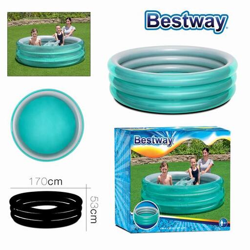 Piscina metálica inflável com 170 cm de diâmetro e 53 cm de altura.