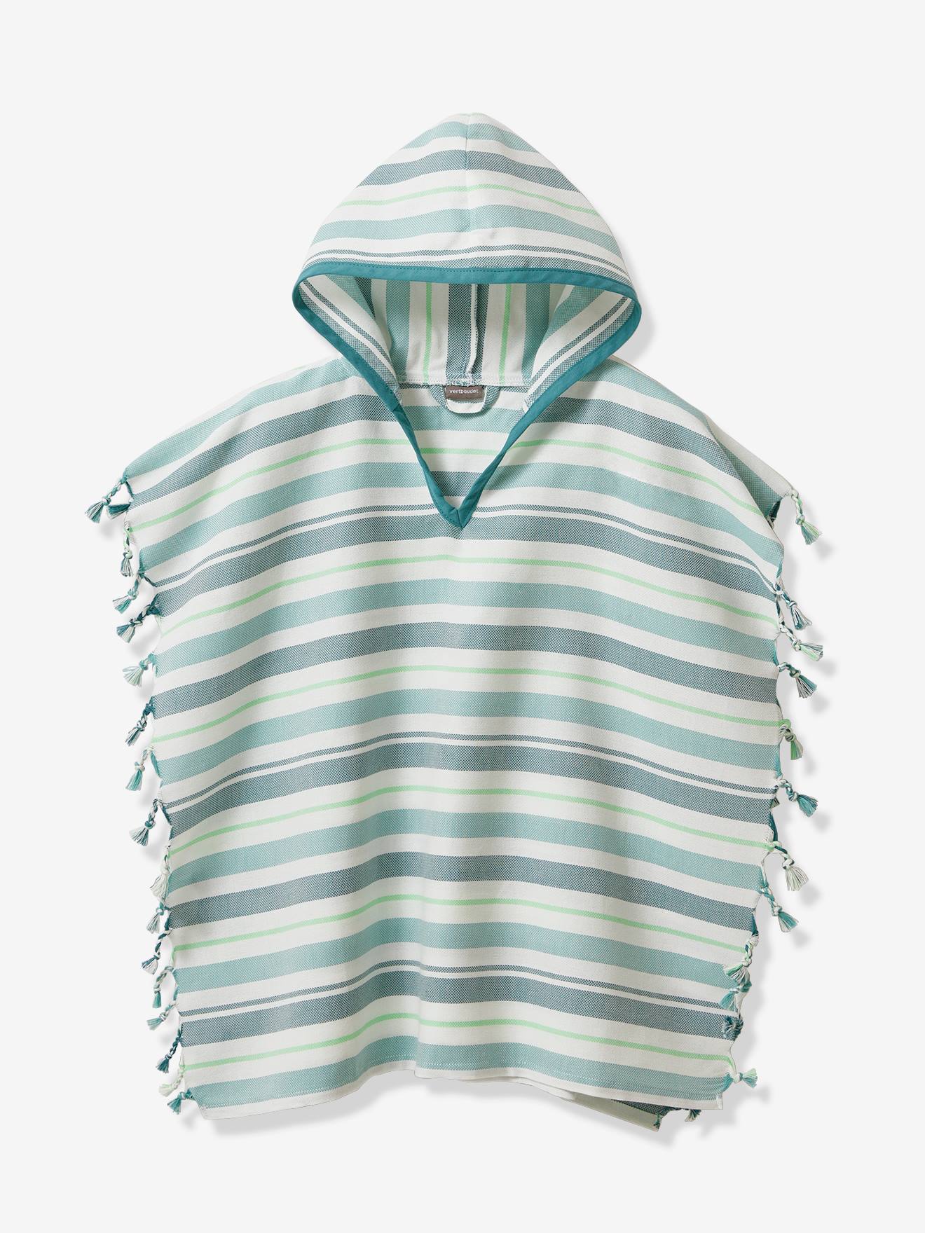 Poncho infantil estilo Fouta, listrado e com listras azuis personalizáveis.