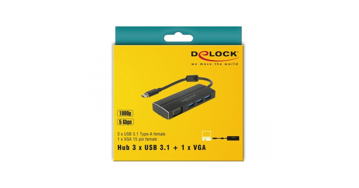 DeLOCKUSB-C 3.1 > 3x USB-A 3.0 + 1x VGA usb-hub  (Zwart, 0,15 meter)