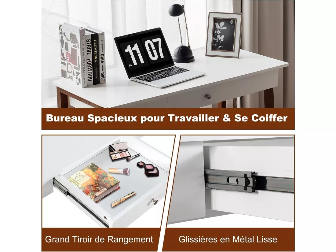 Bureau Informatique 103 x 50 x 76,5CM Table en Bois avec Grand Plan de Travail , Tiroir Charge 54KG Moderne