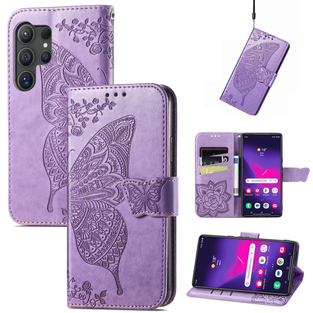 Samsung Galaxy S25 Ultra Leder Tasche Flip Cover Schmetterlinge Imprint - Lila