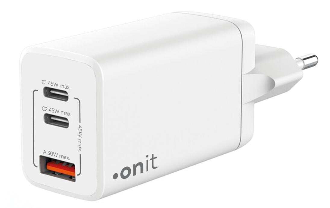 USB-Wandladegerät Trial QC4+ 45 W GaN WeissLadeadapter mit zwei USB-C-Ports und einem USB-A-Port