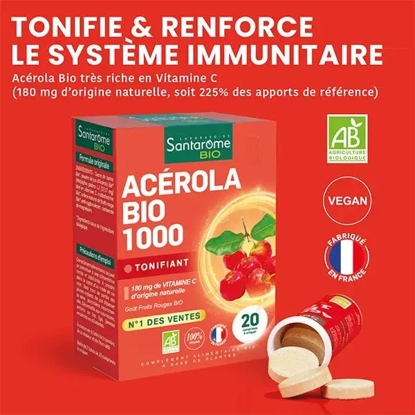 Santarome Orgânico - Acerola Orgânica 1000 - Vitamina C Natural - 20 Comprimidos Mastigáveis