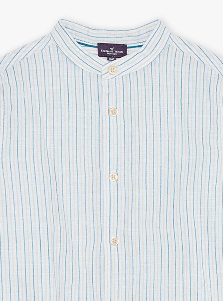 Chemise à rayures bleu, beige et blanc