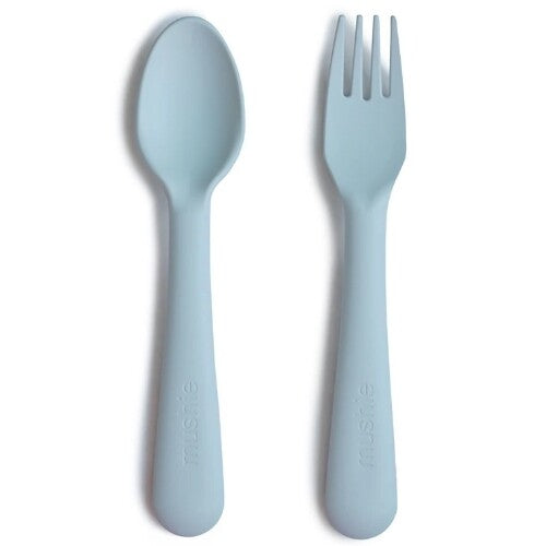 Mushie kinderlepel en -vork powder blue