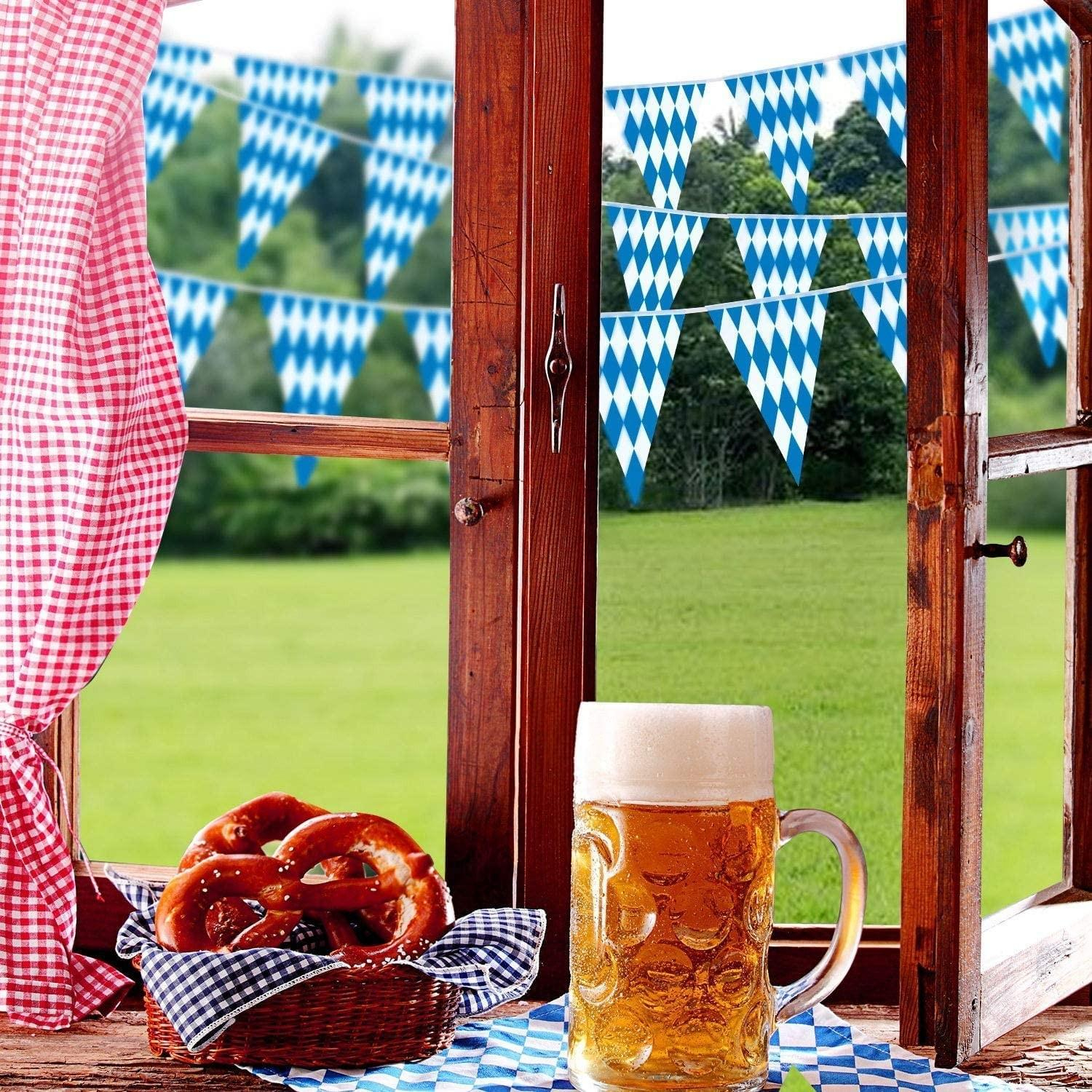 (22-tlg. Set) Fahnen Girlande Oktoberfest Party Deko   Tischdecke / Kuchenstecker - Blau / Weiss