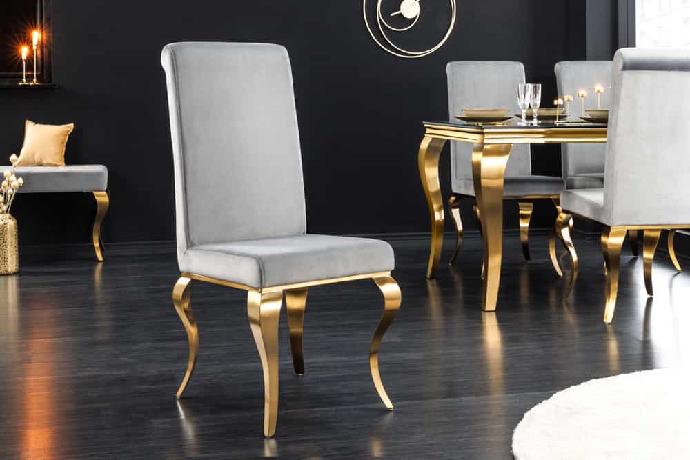 Design Stuhl MODERN BAROCK grau Samt goldene Stuhlbeine