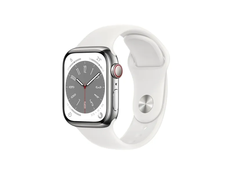 Apple Watch Series 8 (GPS   Cellular) - 41 mm - sølv rustfrit stål - smart ur med sportsbånd - fluoroelastomer - hvid - båndstørrelse: Almindelig - 32 GB - Wi-Fi, Bluetooth, LTE, UWB - 4G - 42.3 g