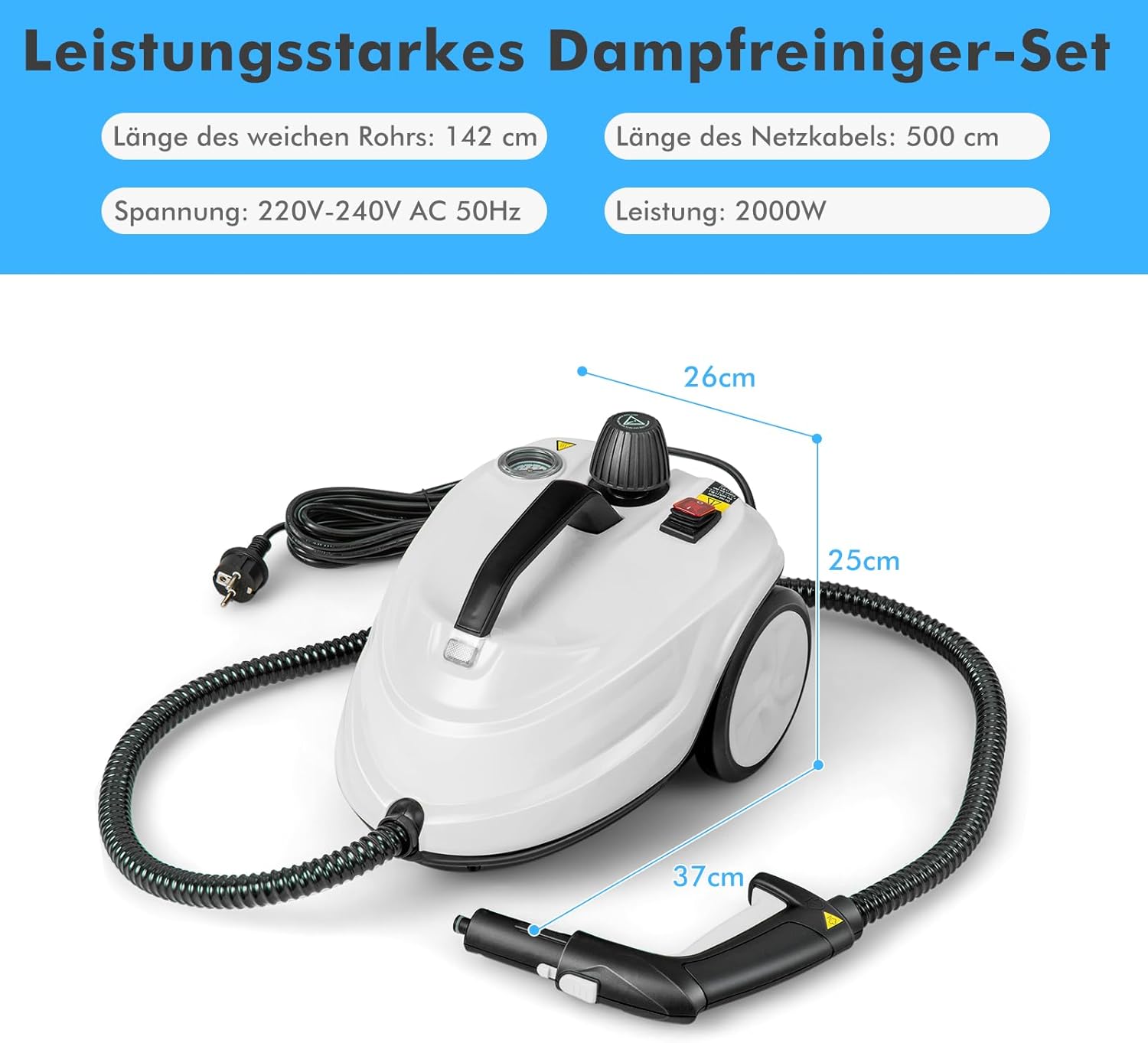 COSTWAY Dampfreiniger 2000W, Dampfdruck: max. 5 bar, Temperatur bis zu 160℃, Flächenleistung: 108 m², 1,8L Tank, Aufheizzeit: 8 Min., Dampfgeräte inkl. 13 Zubehör & 5m lange Netzkabel (Weiß)