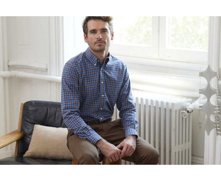 Chemise flanelle Bleue à carreaux navy et camel - FULLER