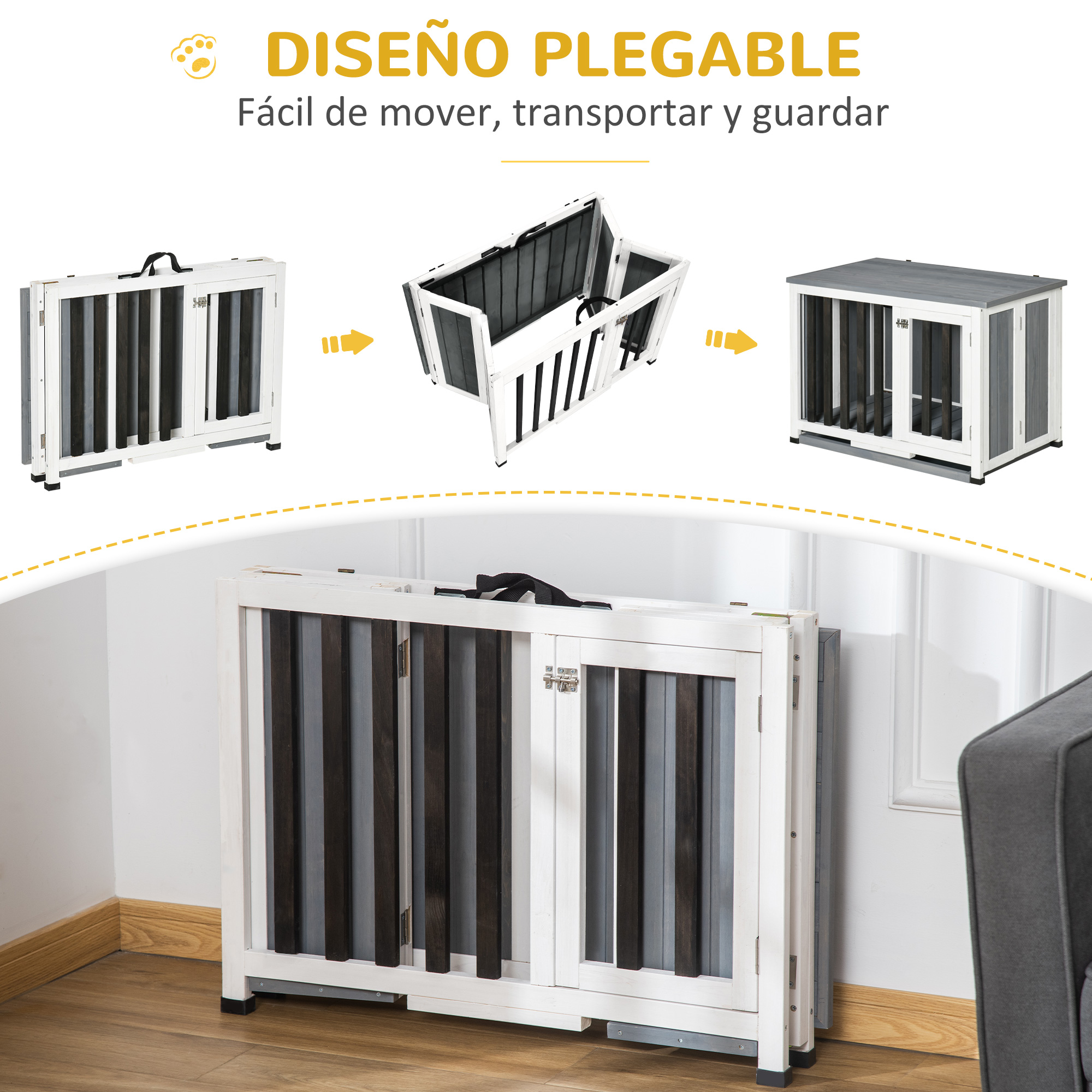 Gaiola dobrável PawHut para uso doméstico, 84,5 x 51,4 x 61 cm, móvel de madeira para cães com teto articulado e bandeja removível, cinza.