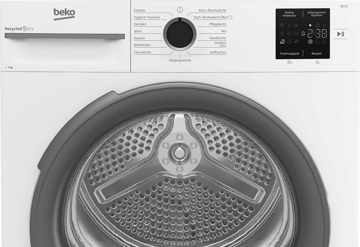 Beko BM3T37210W1 Wäschetrockner, 7 kg, Frontlader Wärmepumpentrockner, 15 Programme, Sensortrocknung, Säulenfähig, Aquawave Schontrommel, Weiß