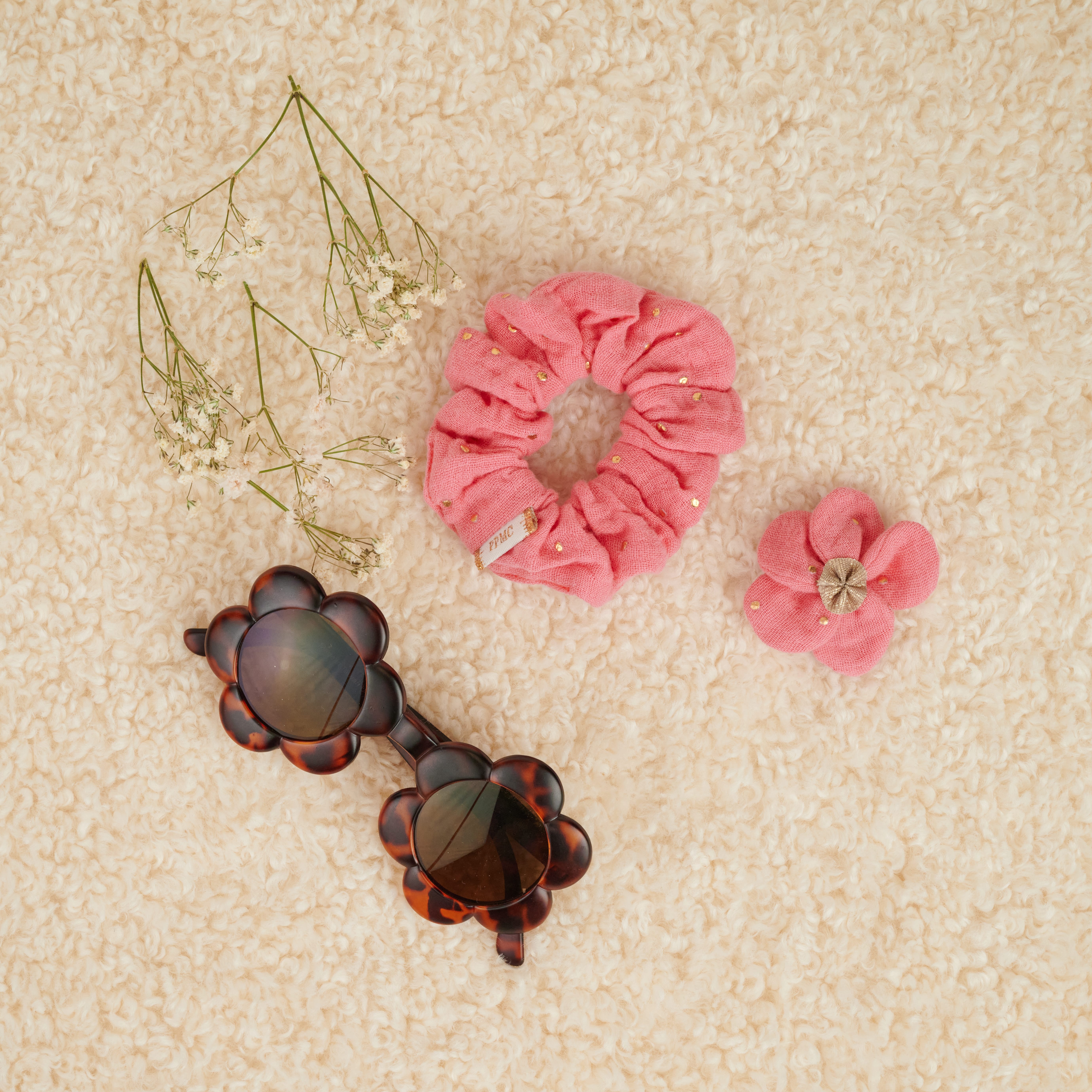 Mini Barrette Pétales De Fleur Gaze Pois Or Rose Sorbet