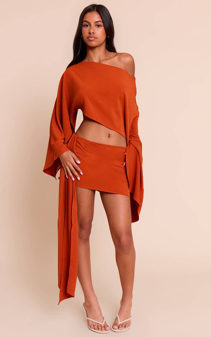 Rouille Mini-jupe Coordonnée Fluide À Nœud Latéral Petite Taille