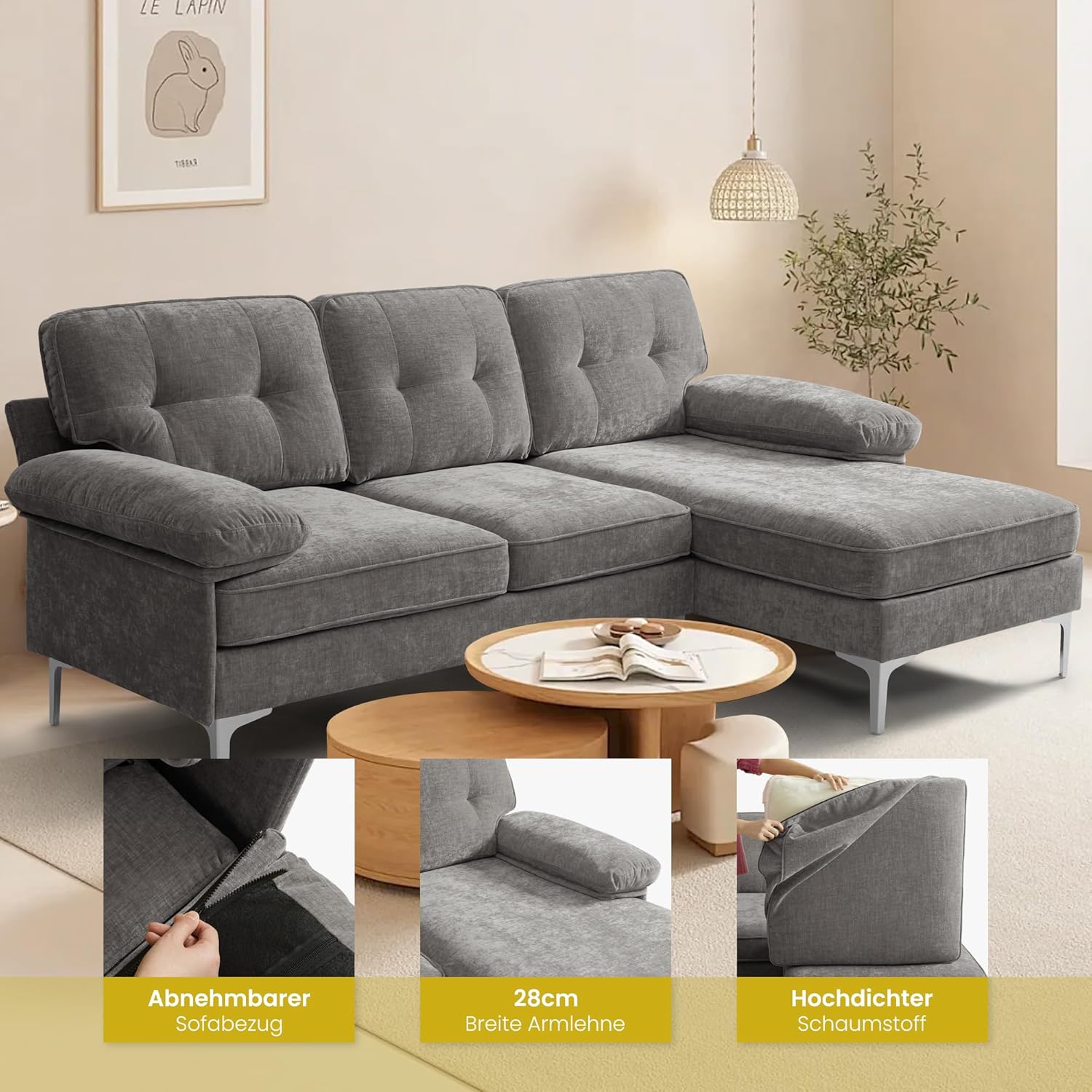Ecksofa 3-Sitzer Sofas 210cm breit Polsterecke mit Federkern Kissen und Rückenlehnen abnehmbar und waschbar - Chaiselongue beidseitig montierbar Couch L-Form fürs Wohnzimmer (Grau)