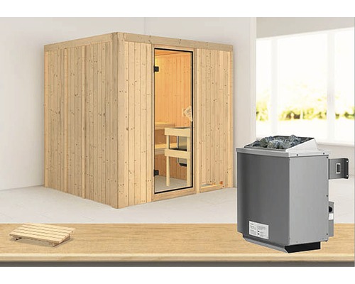 Karibu Sodina modulaire sauna inclusief 9 kW kachel en geïntegreerde bedieningseenheid, zonder dakrand, met gebronsde volledig glazen deur
