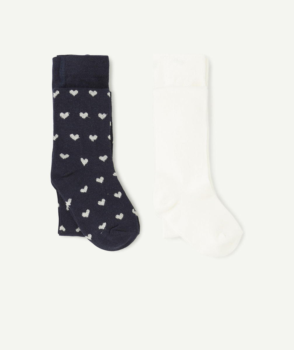 COLLANTS TRICOT FILLE BLANC ET BLEU MARINE AVEC COEURS