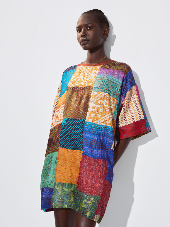 Vestido de patchwork de seda - Multicolorido