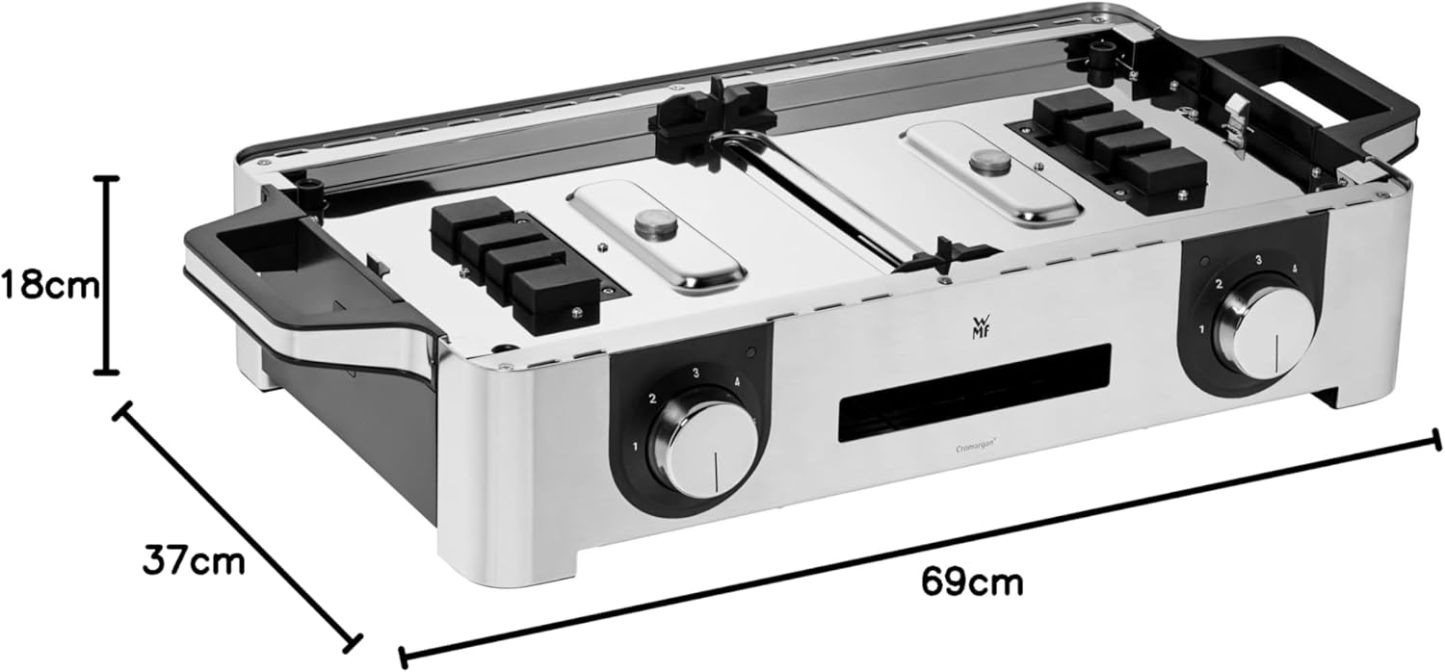 WMF Lono Master-Grill, Elektrogrill, 50x28 cm, Elektrogrill Tischgrill mit Windschutz und Auffangschale, Outdoorzertifiziert für Barbecue, 2 getrennt regulierbare Grillflächen, 2400 W, edelstahl matt