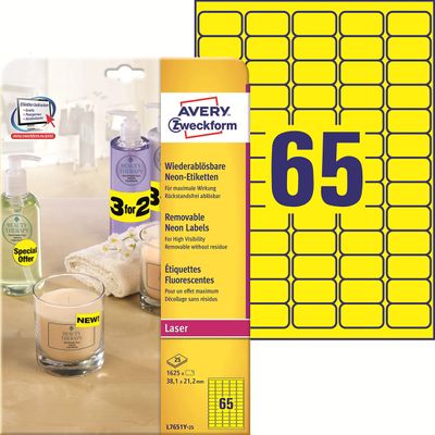 Avery - 1625 Étiquettes amovibles jaune fluo - 38,1 x 21,2 mm - Impression laser - réf L7651Y-25