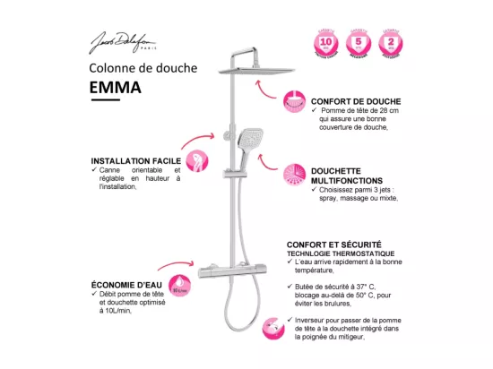 Colonne de douche thermostatique JACOB DELAFON Emma chromé + tablette de douche