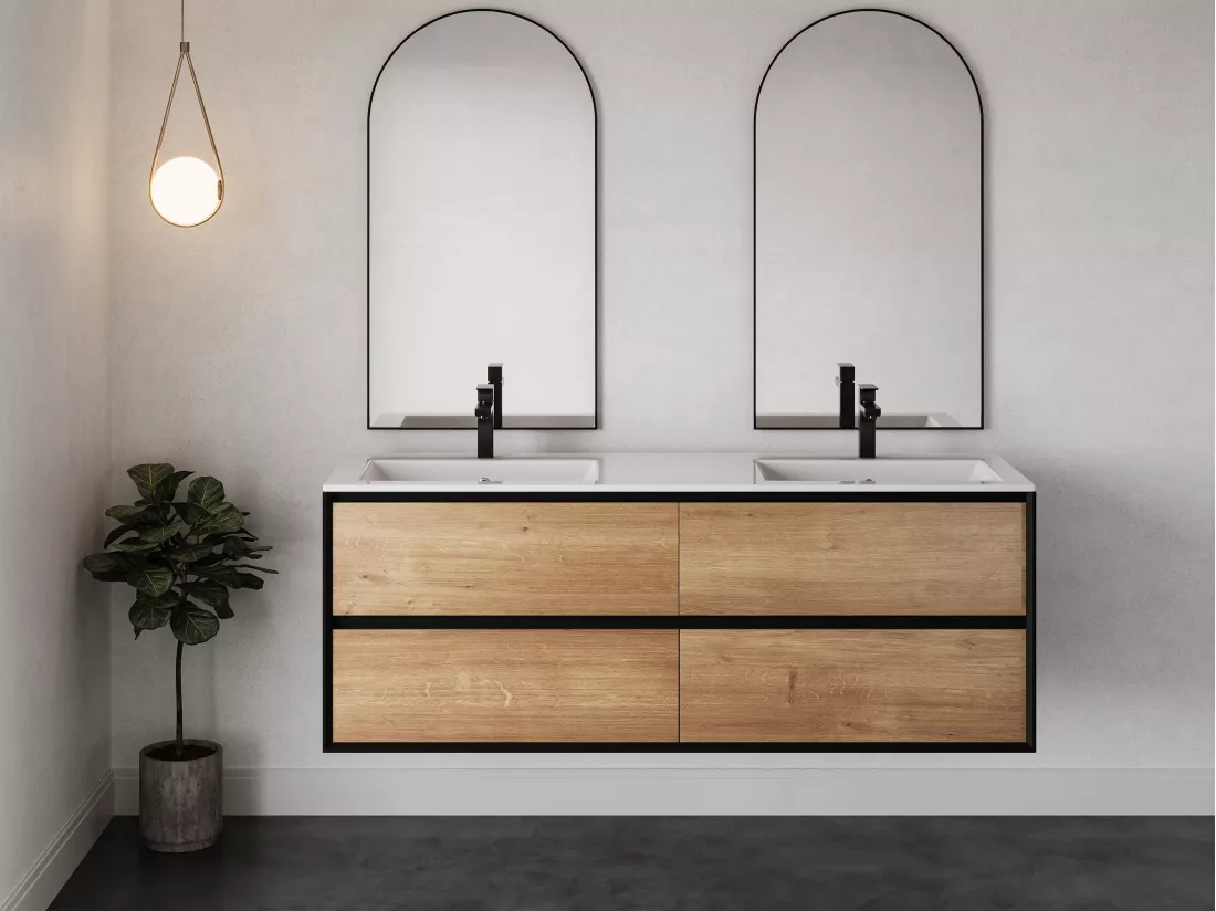 Meuble de salle de bain suspendu avec vasque à encastrer - Coloris naturel clair et noir - 150 cm - LANNICK