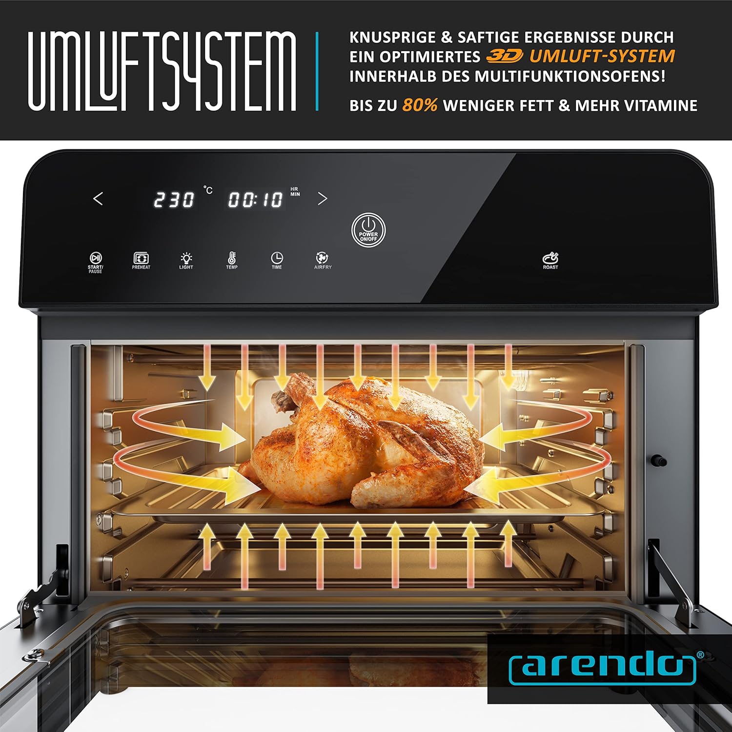 Arendo - Heißluftfritteuse 25 Liter Edelstahl - Multifunktionsofen - mini Backofen - Aerofryer - 1800 Watt - Inkl. Backblech, Dörrblech, Ofenrost, Frittierkorb - BPA-frei